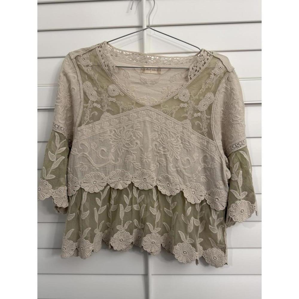 Altar'd State cream and olive green embroidered mesh top size Small - Picture 2 of 9